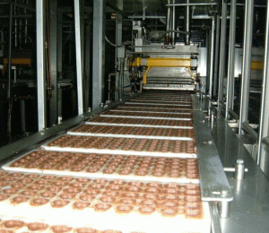 Una dintre liniile de glazurare cu ciocolată a biscuiţilor, din fabrica de ciocolată "Primola", din Bucureşti