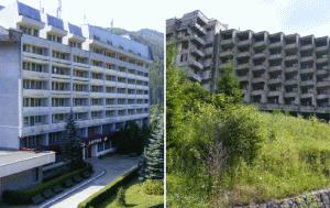 Ultima redută din Voineasa (stânga). Hotelul părăsit din Vidra (dreapta).