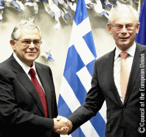 New Greek PM Lucas Papademos (left) yesterday talked to the president of the European Council Herman Van Rompuy, in Brussels, about the new financing package for Greece. 