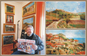 Călin Anton în galeria sa personală, şi două dintre picturile sale, "Peisaj clujean" (dreapta sus) şi "Balcic" (dreapta jos).