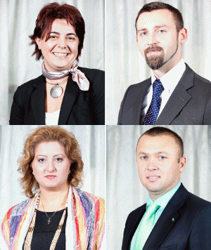 Absolvenţii români care ne-au împărtaşit experienţa EMBA. Aceştia sunt de la stânga la dreapta: Maria Săndulescu (Raiffeisen Bank), Ionuţ Gaota (Microsoft), Gabriela Marin (Uniqa) şi Sorin Timus (Hochland).