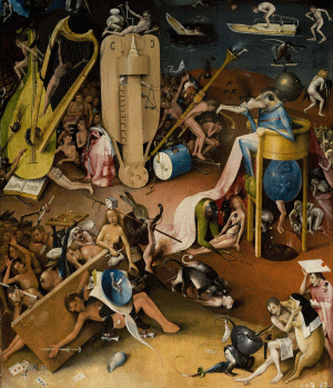 "Grădina deliciilor", de olandezul Hieronymus Bosch (circa 1450-1516), care suferise o fracturare hidraulică a creierului, deţinând, în acest sens, un certificat de la ospiciu; tabloul oferă detalii minuţioase asupra realităţii noastre.