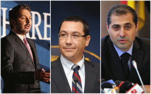 De la stânga la dreapta: ministrul delegat pentru Energie Răzvan Nicolescu, premierul Victor Ponta şi ministrul delegat pentru Întreprinderi Mici şi Mijlocii, Mediu de Afaceri şi Turism, Florin Jianu. Miniştrii Nicolescu şi Jianu sunt printre cei schimbaţi în Guvern.