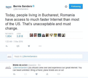 Paravion îl invită pe Bernie Sanders la Bucureşti să testeze internetul