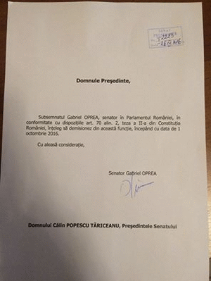 Cererea de demisie a lui Gabriel Oprea (Sursa foto: Facebook)