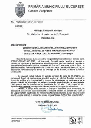 Răspunsul Primăriei Capitalei la cererea de autorizare a marşului de protest (Sursa foto: Facebook)