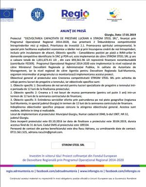 Proiectul "DEZVOLTAREA CAPACITATII DE PRESTARE LUCRARI A STIROM STEEL SRL"