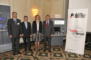 (L-to-R) Printec Group Romania Country Manager Toni Cristescu, NCR Partners Director EMEA Helmut Baumann, Printec Group of Companies Executive Manager Ioana Krikelli, Printec Group of Companies CEO Harris Konstantinou.