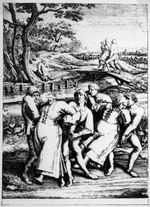 Episod de manie a dansului într-un pelerinaj la biserica Sint-Jans-Molenbeek. Gravură, 1642, a lui Hendrick Hondius după un desen al lui Pieter Brueghel cel Bătrîn, de la 1564.