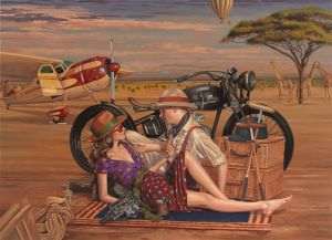 Ilustraţie "vintage" creată de pictorul britanic Peregrine Heathcote; după adoptarea măsurilor de combatere a schimbărilor climatice, transporturile aeriene probabil că vor involua, astfel că această imagine nu mai exprimă nostalgia pentru trecut, ci o viziune a viitorului în varianta extravagantă.