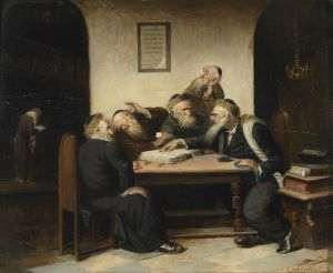 Carl Schleicher: "Controversa în jurul Talmudului", ulei pe lemn (circa 1859 - 1871)