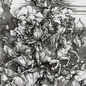 "Cei patru călăreţi ai Apocalipsei" - gravură în lemn realizată în 1498 de Albrecht Durer (1471-1528).