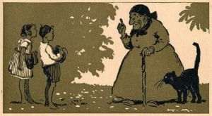 Karl Rudolf Gustav Muehlmeister (1876-1942/5) - Ilustraţie la "Hansel şi Gretel", de fraţii Grimm; sărăcia şi cruzimea părinţilor au îndreptat paşii copiilor spre casa de turtă dulce a zgripţuroaicei canibale.
