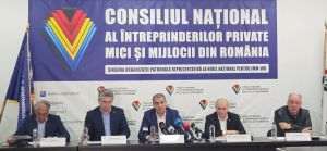 Florin Jianu (în centru), preşedintele CNIPMMR, a declarat vineri, în cadrul unei conferinţe de presă: "Solicităm şi tutoriale pentru a informa mai clar întreprinzătorii, campanii de informare, îmbunătăţirea platformei, pentru că sunt foarte multe probleme. (...) E-Factura este utilă, dar trebuie implementată profesionist, explicată şi o perioadă să nu existe sancţiuni pentru companii".