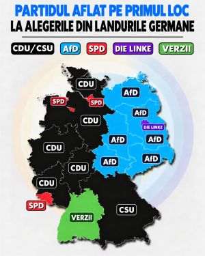 The illustration above was created with the help of artificial intelligence, based on an image posted on Facebook by Walter McHenry. He noted that while the AfD is the leading party in all five German states that formerly constituted the DDR, the situation differs in the former FRG, where the AfD does not hold the top spot in any state.