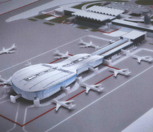 Macheta noului terminal al Aeroportului Otopeni, care va avea 24 de porţi. 