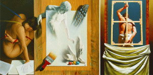 Nicolae Maniu."Trompe l"oeil inselat" (stânga), "Intrarea pictorului" (dreapta).