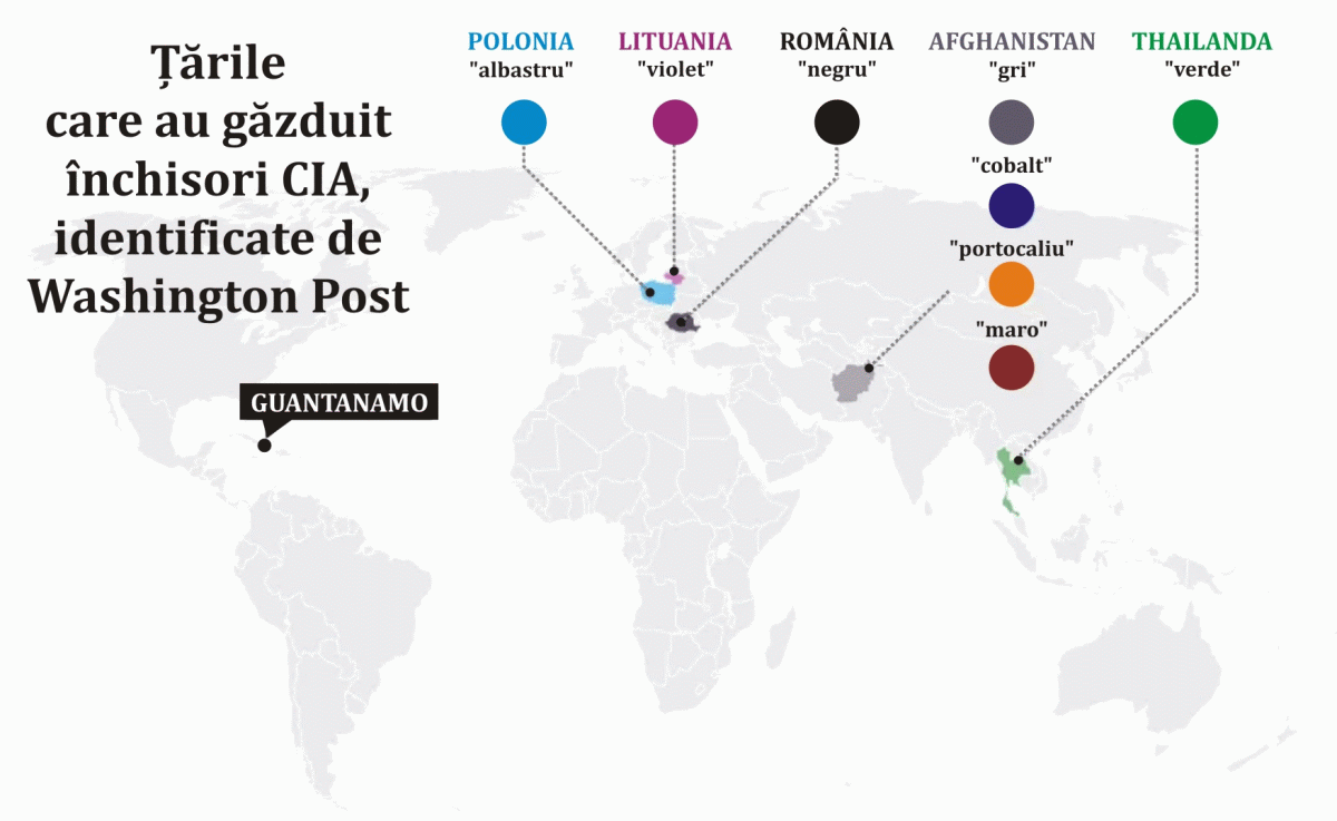 Potrivit Washington Post, în raport sunt menţionate închisori din cinci ţări: Polonia, România, Lituania Afganistan, Thailanda, acestea fiind desemnate prin culori. Astfel, presupusă închisoare secretă a CIA din România figurează drept "detention site black", pentru Polonia este folosit albastru, pentru Lituania violet, pentru Thailanda verde, iar pentru Afganistan, unde ar fi existat mai multe închisori, sunt folosite patru culori.