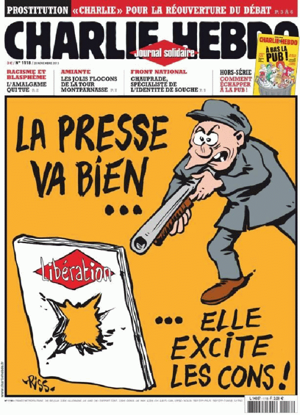 One of the caricatures published in "Charlie Hebdo" states: "The press is doing well... It is getting the morons worked up!".