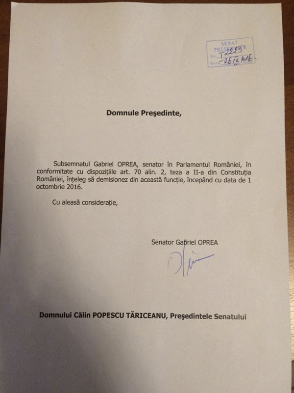 Cererea de demisie a lui Gabriel Oprea (Sursa foto: Facebook)
