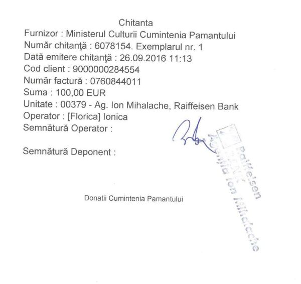 Chitanţa de plată a Ambasadei Rusiei (Sursa foto: Facebook)
