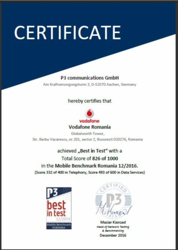 Reţeaua Vodafone, certificată pentru al treilea an consecutiv drept "Cea mai performantă reţea mobilă din România"