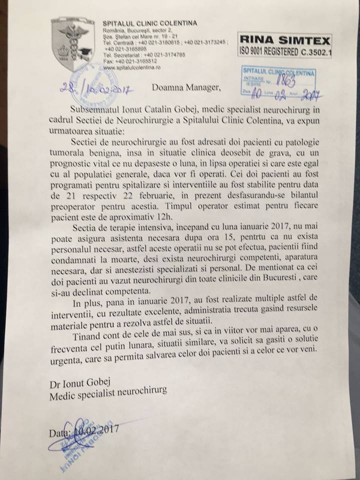 Cererea adresată de medicul Ionuţ Gobej managerului Spitalului Colentina (Sursa foto: Facebook)