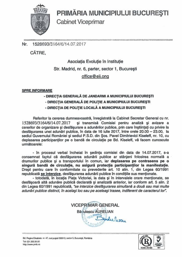 Răspunsul Primăriei Capitalei la cererea de autorizare a marşului de protest (Sursa foto: Facebook)