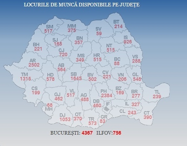 Harta locurilor de muncă disponibile (Sursa foto: ANOFM)