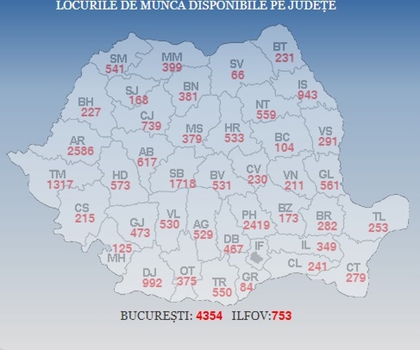 Harta locurilor de muncă disponibile la nivel naţional (Sursa foto: ANOFM)