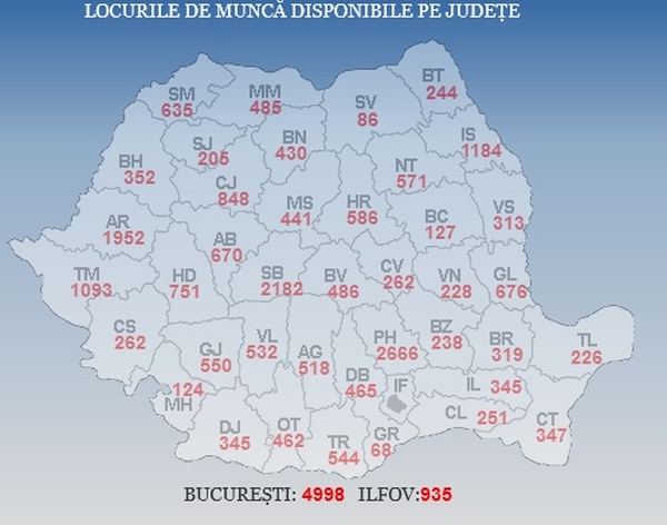 Harta locurilor de muncă disponibile la nivel naţional (Sursa foto: ANOFM)