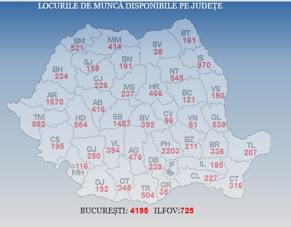 Harta locurilor de muncă disponibile la nivel naţional (Sursa foto: ANOFM)