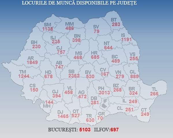 Harta locurilor de muncă disponibile la nivel naţional (Sursa foto: ANOFM)