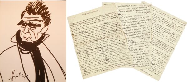 Cioran văzut de Horaţiu Mălăele (stânga), Manuscris Lucian Blaga (dreapta).