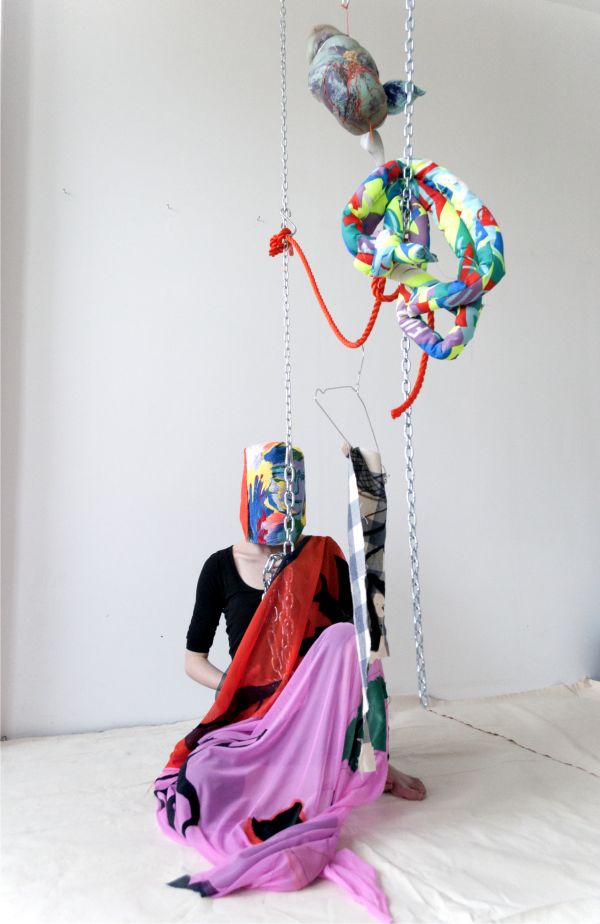 Ioana Stanca, Soft rituals, performance installation, embroidered mask and cape (embroidery, polyester, velvet) and installation (chain, polyester,cotton,rope) variable dimensions, 2017, copyright Ioana Stanca 