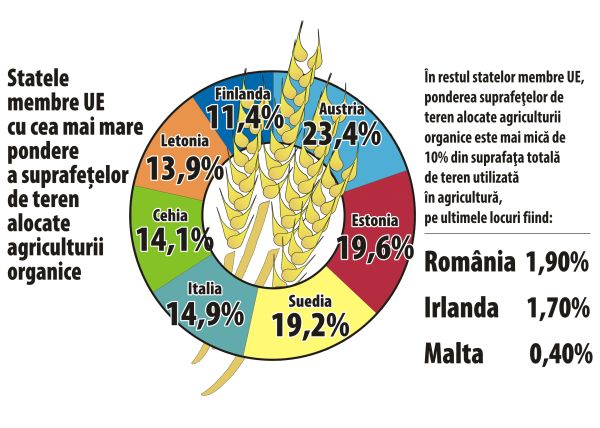 Malta, Irlanda şi România alocă mai puţin de 2% din suprafaţa de teren pentru agricultura organică 