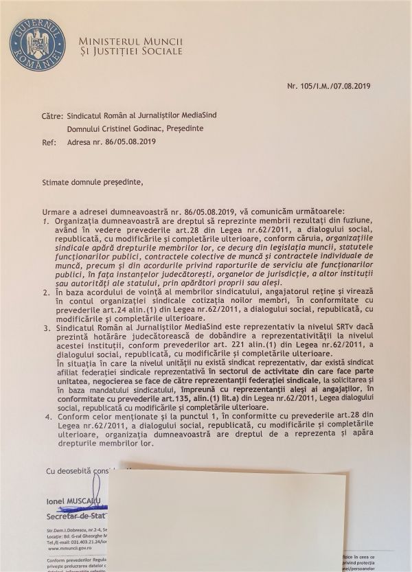 "MediaSind TVR are calitatea de partener social în SRTV"
