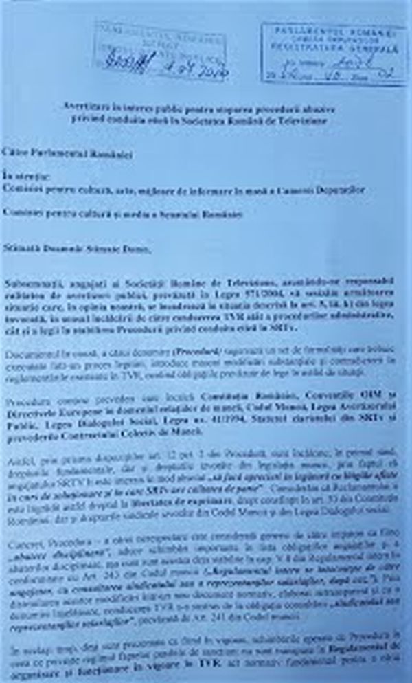 Avertizarea privind procedura abuzivă a eticii în TVR a fost înregistrată la Parlament