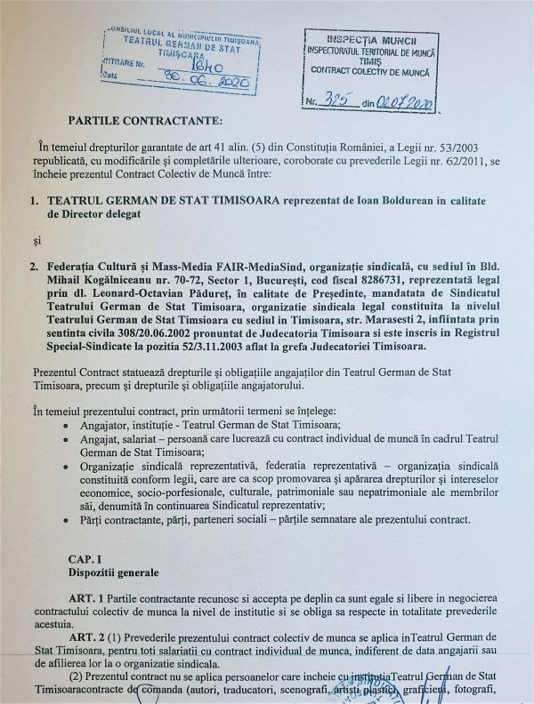 Federaţia FAIR-MediaSind a semnat Contractul Colectiv de Muncă la Teatrul German din Timişoara