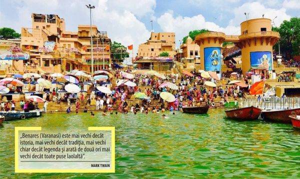 Imagine asupra Varanasi (Benares), una dintre cele mai vechi aşezări indiene, situată pe malul Gangelui, în Uttar Pradesh.