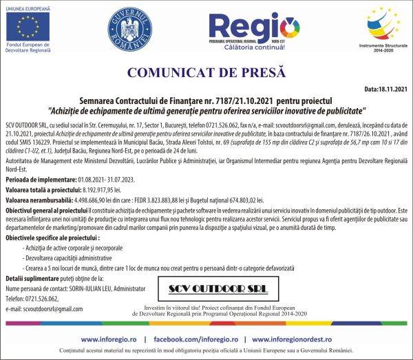 Semnarea Contractului de Finanţare nr. 7187/21.10.2021 pentru proiectul "Achiziţie de echipamente de ultimă generaţie pentru oferirea serviciilor inovative de publicitate"
