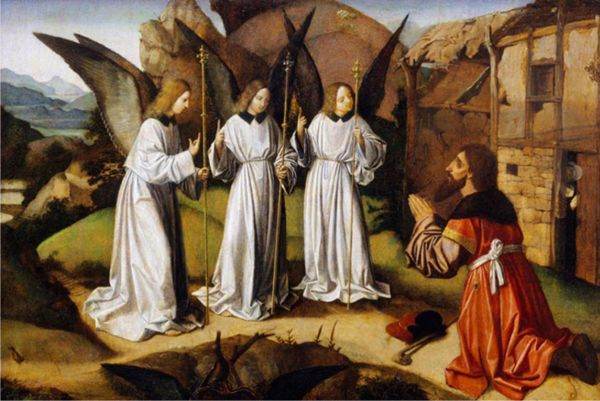 Josse Lieferinxe: Avraam şi cei trei îngeri (circa 1495 - 1500), ulei pe lemn