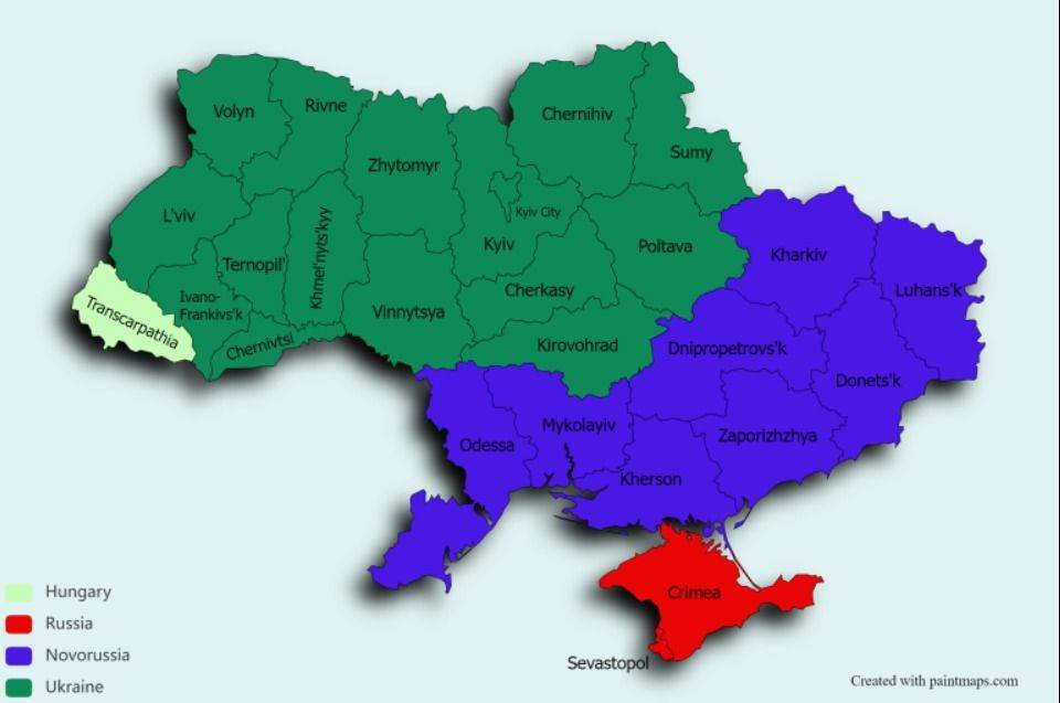 Hartă ce împarte, practic, Ucraina în două: Ucraina (de Vest) şi Novorussia (Noua Rusie). Cea dintâi ar reprezenta ce ar mai rămâne din teritoriul Ucrainei actuale în urma concentrării ofensivei ruseşti în Donbas, iar cea din urmă reprezintă statul tampon care s-ar forma între Ucraina şi Rusia din teritoriul ucrainean din sud pe care l-ar ţinti armata Kremlinului.