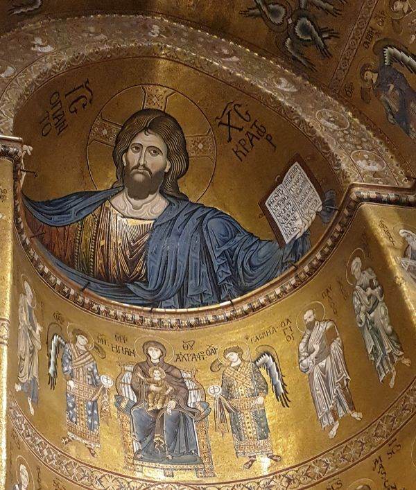Iisus Patocrator şi Maica Domnului cu Pruncul, în mozaic, la Monreale, Palermo