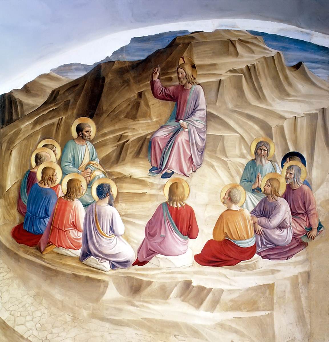 Fra Angelico (1387 - 1455) "Predica de pe munte" - frescă (204 × 207 cm), pictată între 1436 - 1443, Museo di San Marco, Florenţa.Îmbrăcămintea lui Iisus este purtatoarea aunui simbolism: roşul, pentru sânge, simbolizează latura lui umană, în timp ce albastrul simbolizează divinitatea."17. Să nu socotiţi că am venit să distrug Legea sau Profetii; n-am venit să distrug, ci să împlinesc. 18. Amin zic vouă: până când vor dispărea cerul şi pământul, nicio iotă sau o cirtă [n.a. - "cirta" este echivalentul ebraic al unui semn diacritic] nu va dispărea din Lege, până cand nu se vor săvârşi toate. 19. Cine va strica una din poruncile acestea, cât de mică, şi astfel îi va învăţa pe oameni, «cel mai mic» va fi numit în Împărăţia cerurilor; cine însă va face şi va învăţa [cum se cuvine], «mare» va fi numit în Împărăţia cerurilor. 20. Căci vă spun: dacă dreptatea voastră nu va prisosi cu mult faţă de cea a cărturarilor şi a fariseilor, nu veţi intra în Împărăţia cerurilor". (Matei:5)