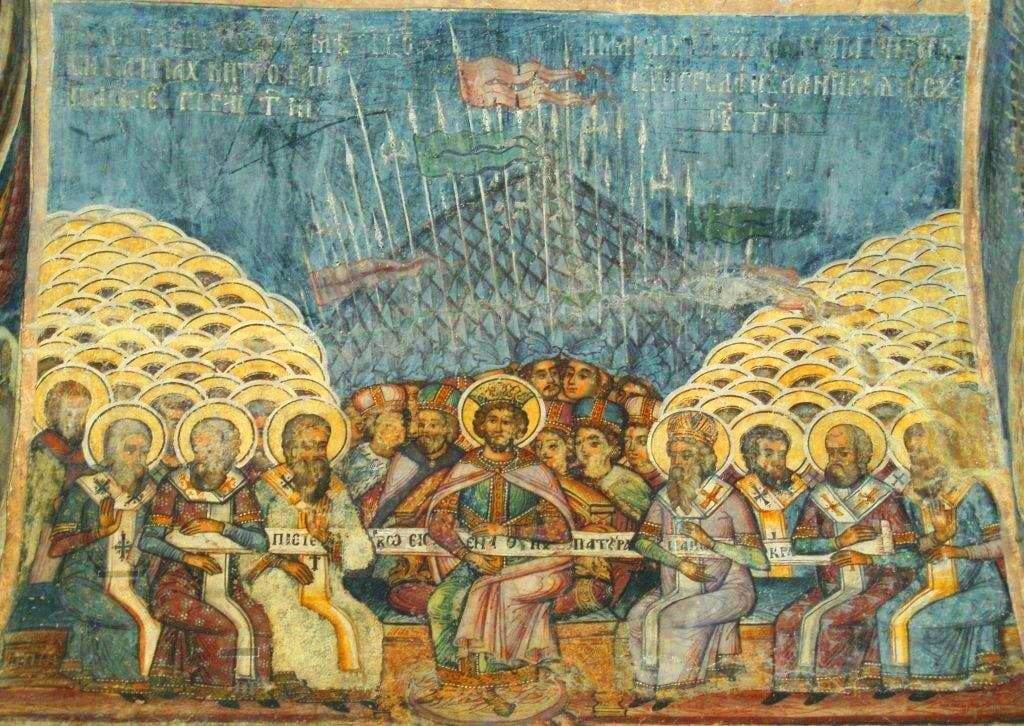 Frescă din Biserica Stavropoleos, Bucureşti, reprezentând Conciliul de la Niceea