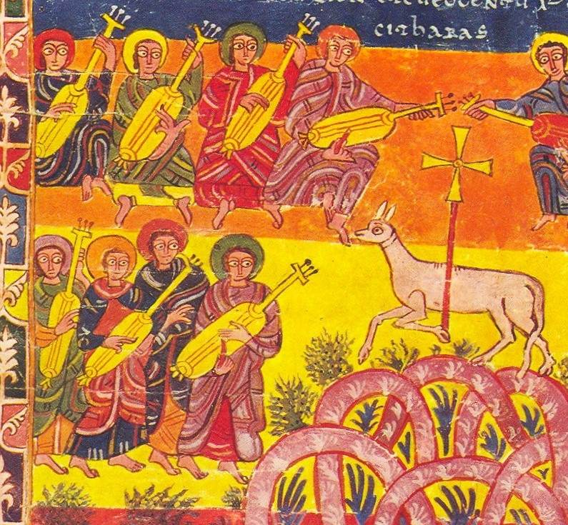 Miniatura: "Mielul lui Dumnezeu si cantareti la ţiteră", cca. 960. Biblioteca Morgan (New York)
