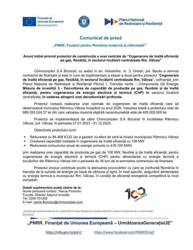 Chimcomplex - proiect nou de investitii la Rm. Valcea