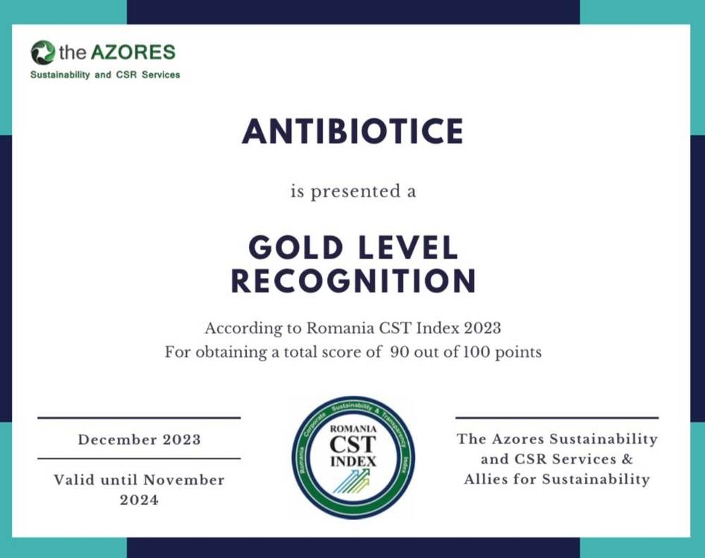 Antibiotice Iaşi premiată cu Gold în cadrul celui mai important clasament de sustenabilitate din România