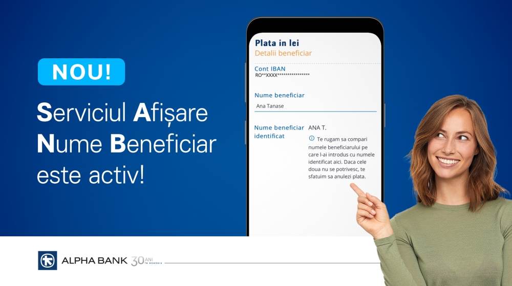 Alpha Bank Romania lansează serviciul SANB în aplicaţia Alpha Online Banking